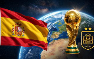 Bandera de España ondeando sobre el planeta Tierra junto a la Copa del Mundo y el escudo de la selección española con dos estrellas de campeón
